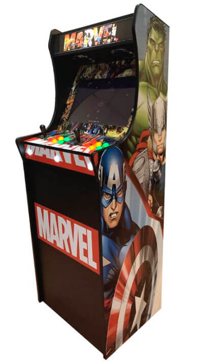 Máquina recreativa para casa en tamaño real vinilada con imágenes de Marvel