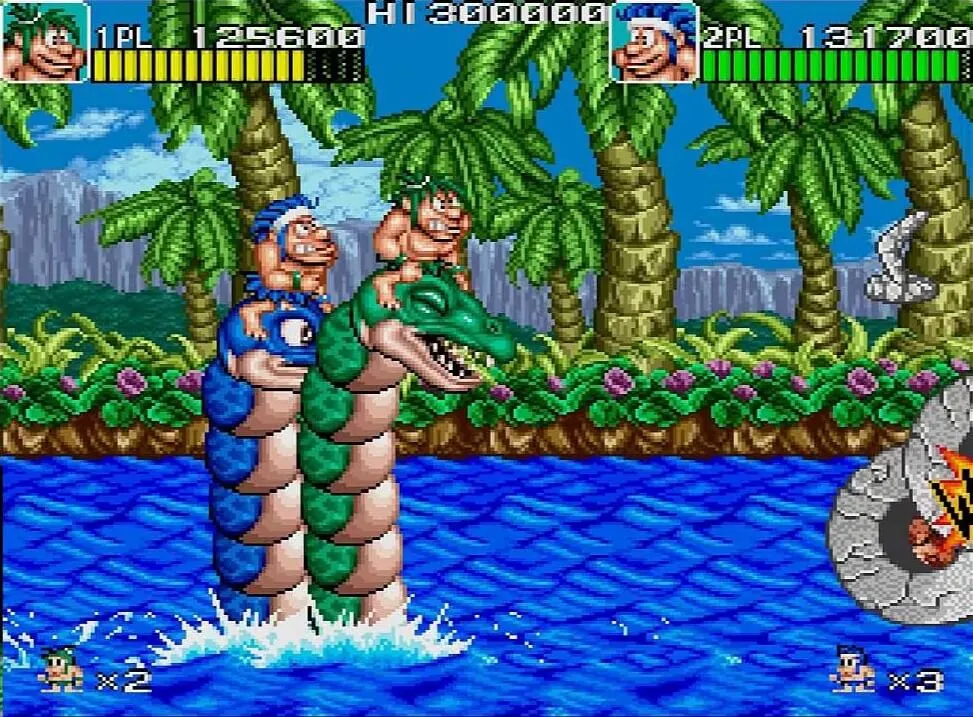 Joe y Mac a lomos de dos dinosaurios