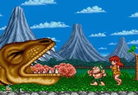 Joe y Mac enfrentándose al temido T-Rex